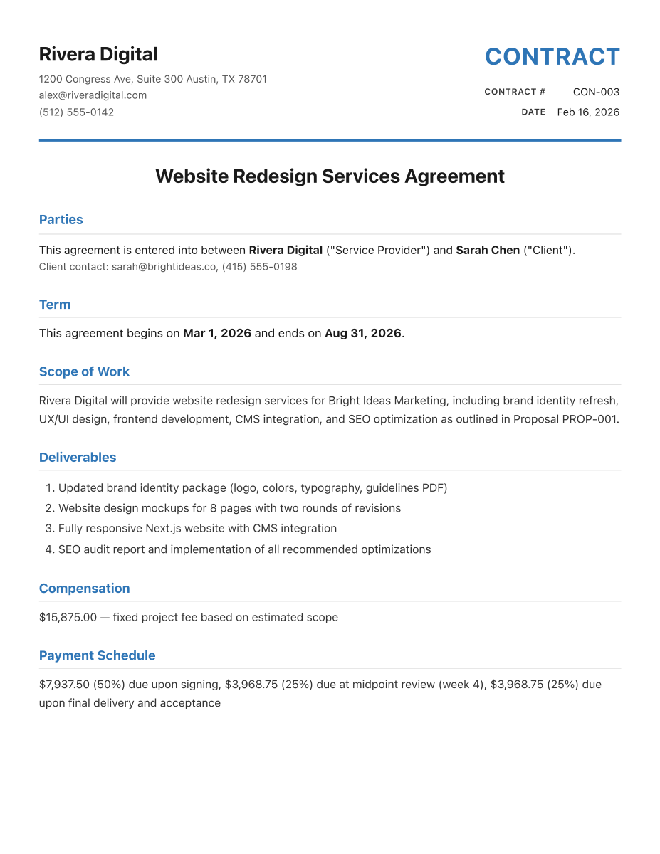 Sample contract PDF showing parties, scope of work, deliverables, and signature lines