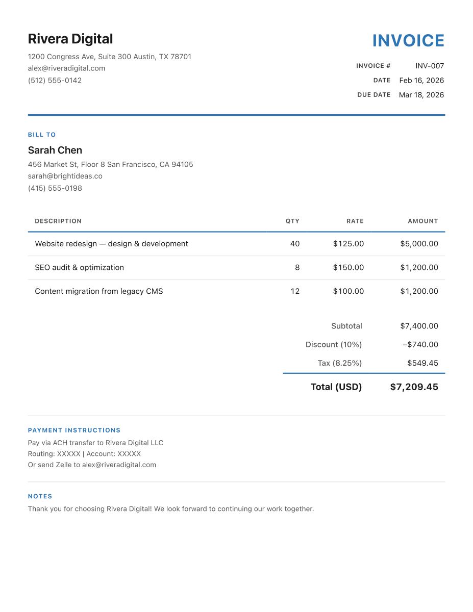 Sample invoice PDF showing line items, tax calculations, and payment instructions