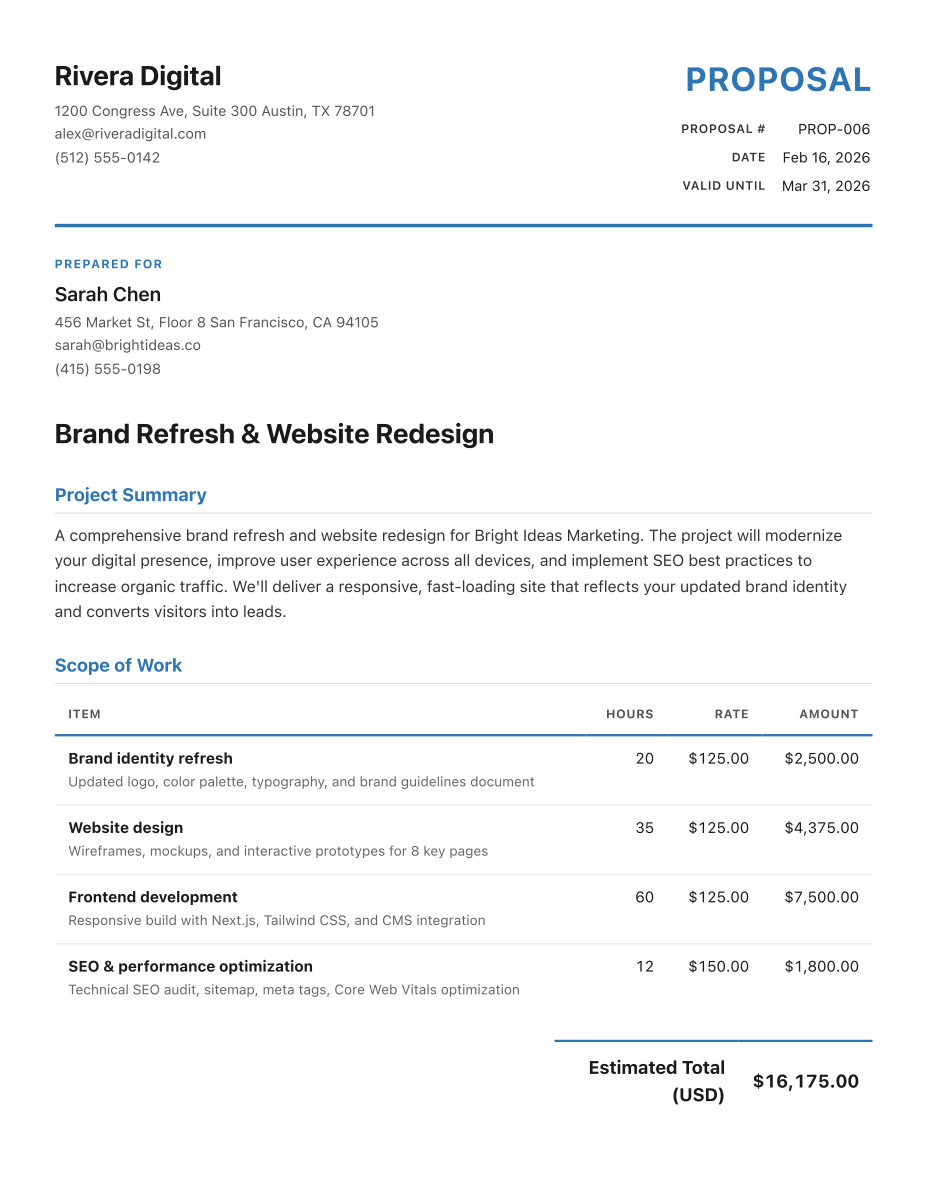 Sample proposal PDF showing project scope, deliverables, timeline, and pricing
